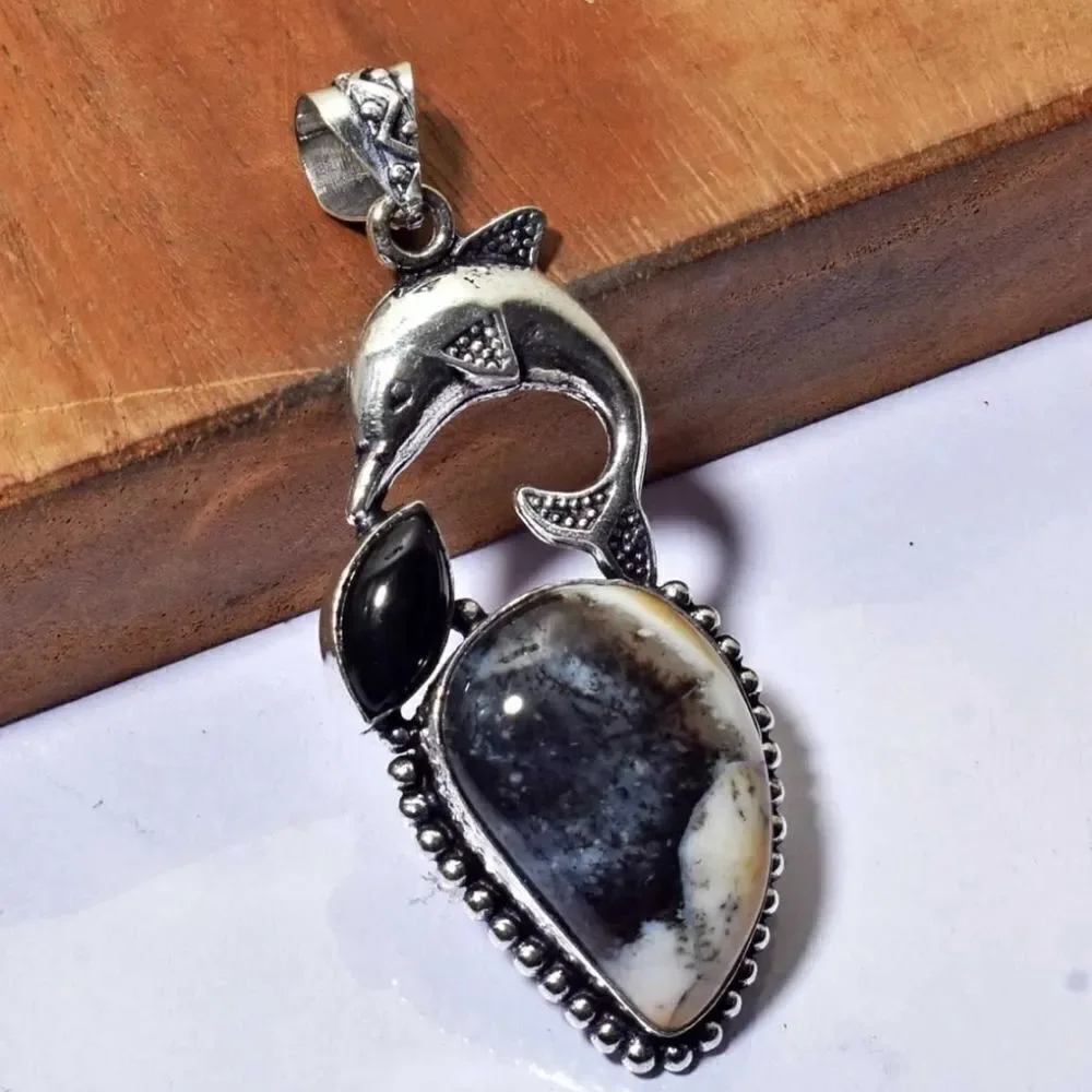 Dolphin Dendrite Opal Black Onyx Ethnic Handmade Pendant Jewelry 2.72